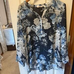 Soft Surroundings XL Blue Gray Floral Leopard Mixed Print Henley Tunic Blouse